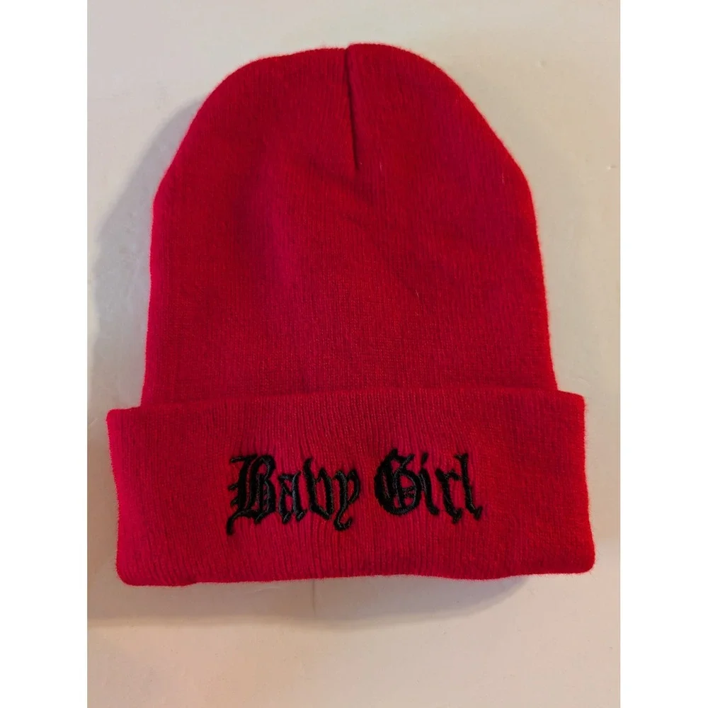 Baby Girl Gothic Embroidered Knit Beanie Red Y2K Streetwear Hat OS